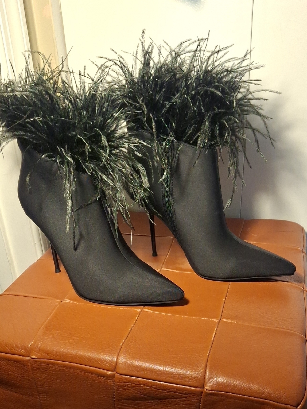 AZALEA WANG Black Feather-Trim Fabric Pointed Stiletto Ankle Boots - Women's